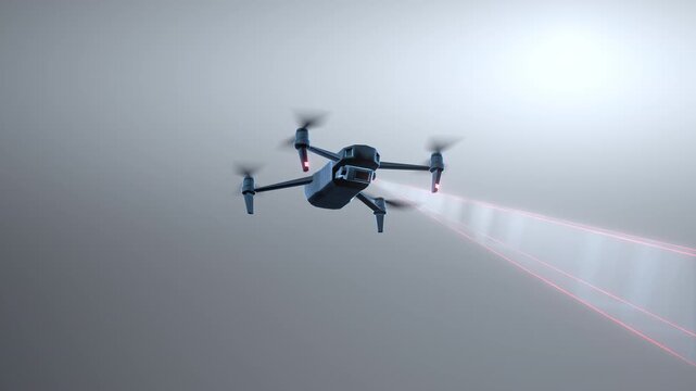 Digital quadcopter drone hovering with light beam for widescreen tech presentation backdrop.
