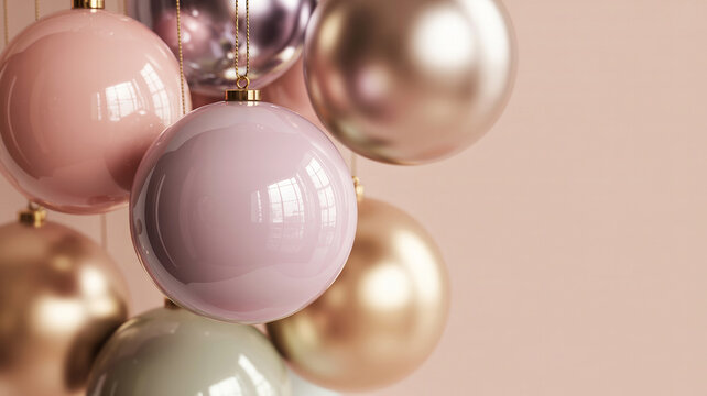 Christmas background with elegant glossy baubles in soft blush pink, champagne gold and warm rose-gold tones. Minimal festive composition with luxurious Christmas ornaments and plenty of copy space fo