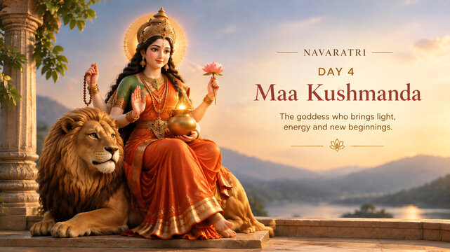 Hindu goddess Maa Kushmanda sitting majestically with a powerful lion during auspicious Navaratri festival celebrations at sunset