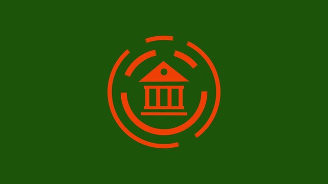 Futuristic Digital Banking and Smart Government Infrastructure Icon with Glowing Orange  Tech HUD Ring Overlay on Green Background for Financial Technology, Online Security, and Modern Economy Concept