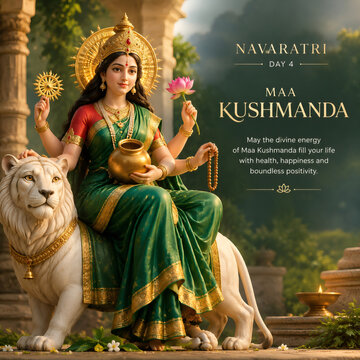 Hindu goddess Maa Kushmanda riding majestic white lion holding lotus flower during Navaratri celebration festival greeting card