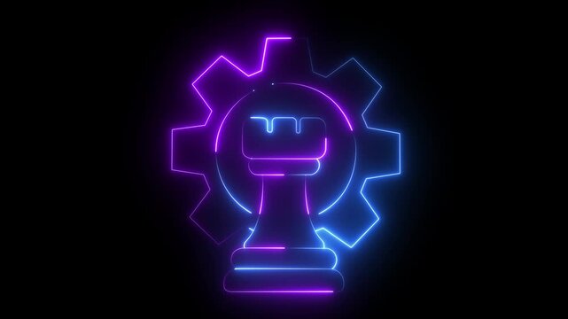 Glowing neon gear and Chess icon on black background. Business Planning and Decision Making icon.