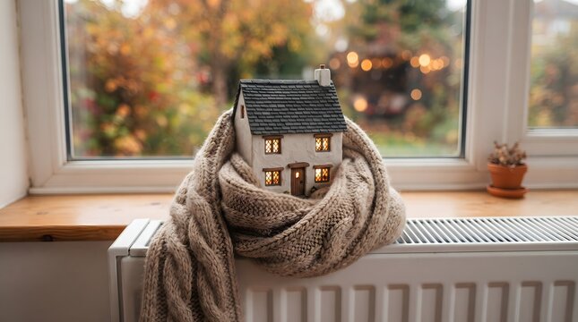 Cozy miniature house model wrapped in warm knitted scarf item.