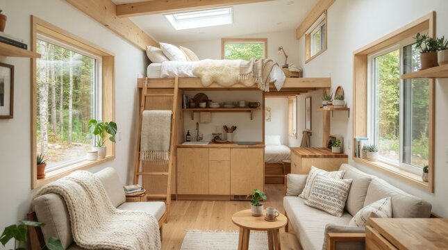 Cozy tiny house interior with loft bed, kitchen area, and living room