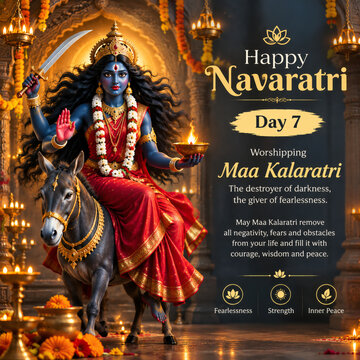 Hindu goddess Maa Kalaratri riding her donkey holding a sword and flame during seventh day of Navratri festival celebration