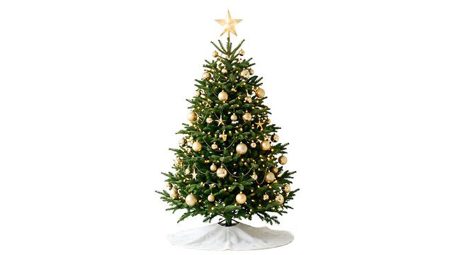Christmas tree decorated with gold ornaments and white tree skirt as PNG asset
