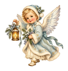Obraz premium PNG Vintage Christmas angel child holding lantern and winter greenery