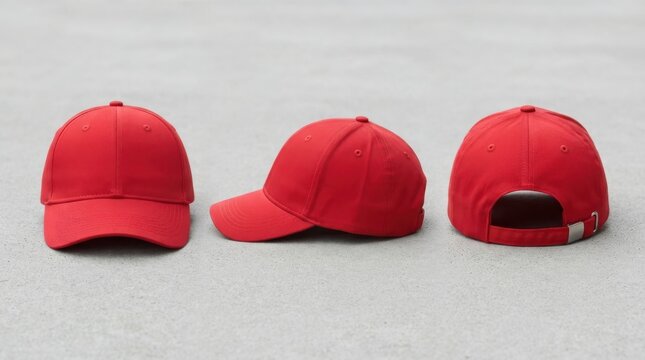 Three red baseball caps displayed from front, side, and rear angles