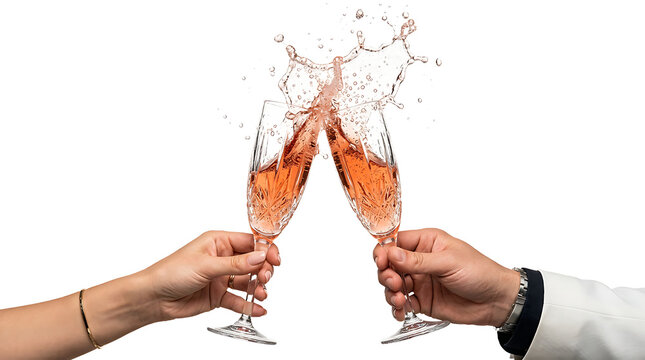 Two hands toasting with sparkling rose wine glasses as PNG asset