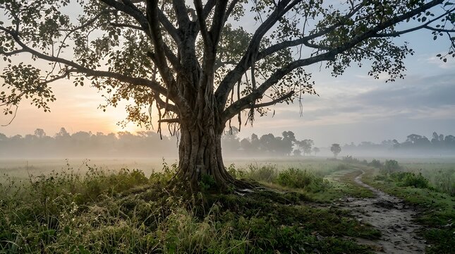 A majestic ancient banyan tree stands prominently in the center of a serene, fog-covered rural landscape at sunrise, casting long shadows over a quiet path.
