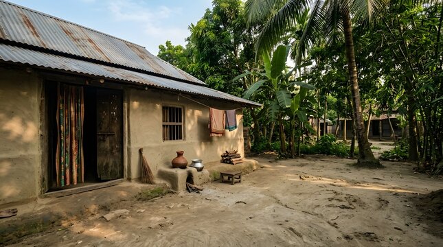 A traditional rural mud house with a corrugated iron roof surrounded by lush green tropical trees and foliage in a quiet peaceful countryside village setting