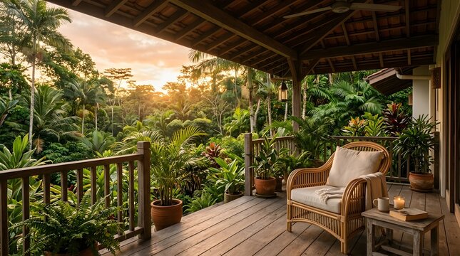 A serene tropical wooden balcony featuring a comfortable rattan chair with soft cushions overlooking a lush rainforest canopy during a warm and golden sunset hour