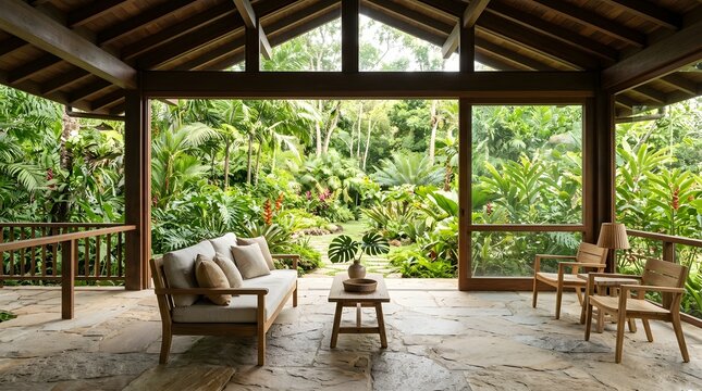 A serene tropical open-air pavilion featuring elegant wooden furniture on a stone patio overlooking a lush, vibrant garden filled with diverse exotic plants and foliage.