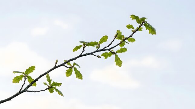 A detailed close-up shot of a single oak tree branch featuring vibrant green spring leaves reaching diagonally across a soft, bright, and cloudy sky background.