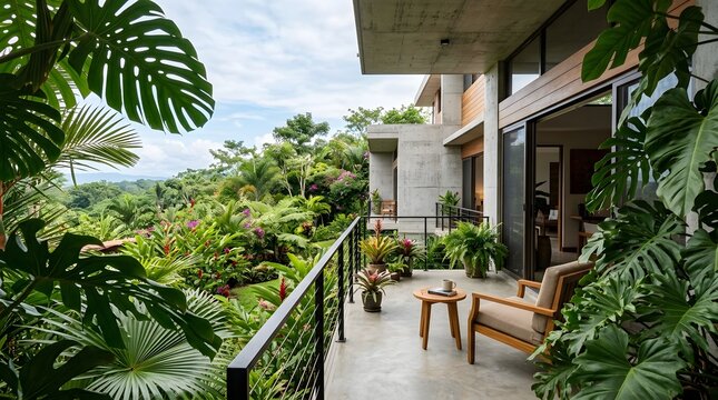 A serene concrete balcony overlooking a lush tropical landscape featuring a wooden chair, small coffee table, and vibrant green foliage under a soft cloudy sky