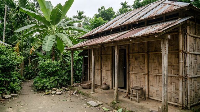 A rustic traditional bamboo hut with a weathered corrugated metal roof sits peacefully nestled within a lush tropical garden filled with vibrant banana trees and greenery.