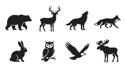 Fototapeta premium Collection of diverse wild animal silhouettes featuring bears deer wolves and majestic forest creatures