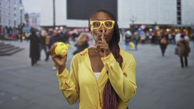 Young african american woman holds yellow piggy bank and presses index finger to lips in busy street; secrecy thrift.