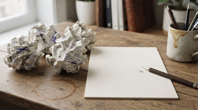 Blank Page and Crumpled Ideas: A stark white page sits on a rustic wooden desk next to crumpled balls of paper, a pencil, and a mug of pens, symbolizing the creative process, writer's block.