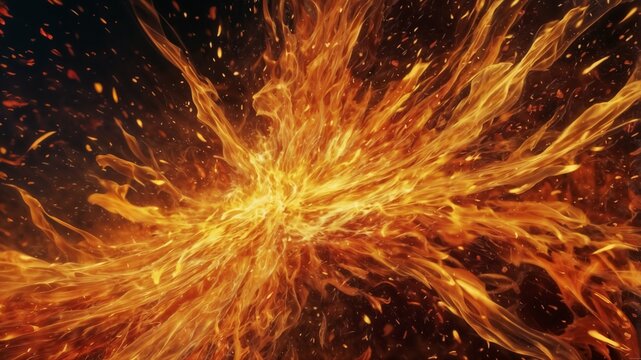 Abstract burst of blazing orange and golden flames with explosive energy, swirling fire textures, luminous highlights, and a dramatic cinematic atmosphere.