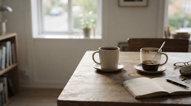 Morning Calm: Two cups of coffee sit on a wooden table, one full, one nearly empty, with an open notebook and pen nearby, suggesting a quiet start to the day in a cozy, sunlit room.