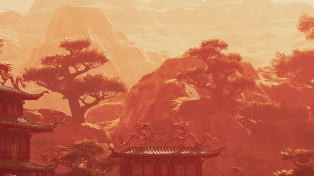 The scene shows a temple structure with dragon designs at sunset. The sky is orange and the mountains rise behind trees creating a warm atmosphere in the area.