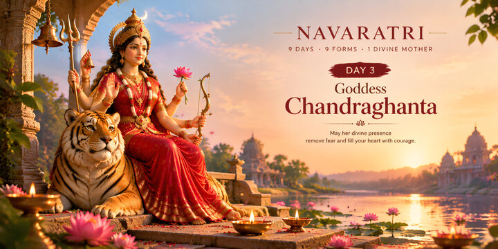 Hindu goddess Chandraghanta seated gracefully upon a majestic tiger during day three celebrations of vibrant Navaratri festival