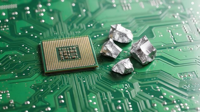 Shiny silicon raw material pieces resting directly on top of a vibrant green computer motherboard featuring an integrated microprocessor chip in macro view