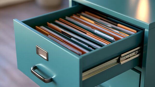 Open teal filing cabinet with hanging folders