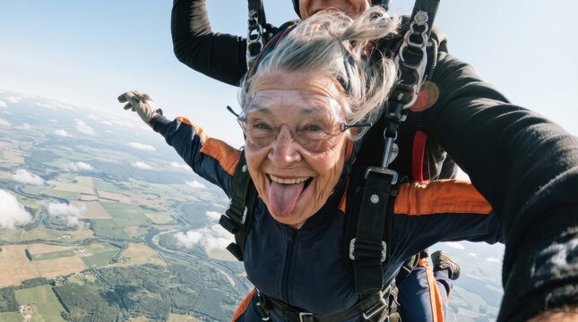 Excited senior woman tandem skydiving with instructor in the sky