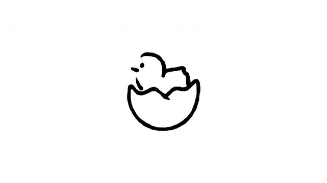 Animated doodle icon of a cute baby chick hatching out from an egg shell.