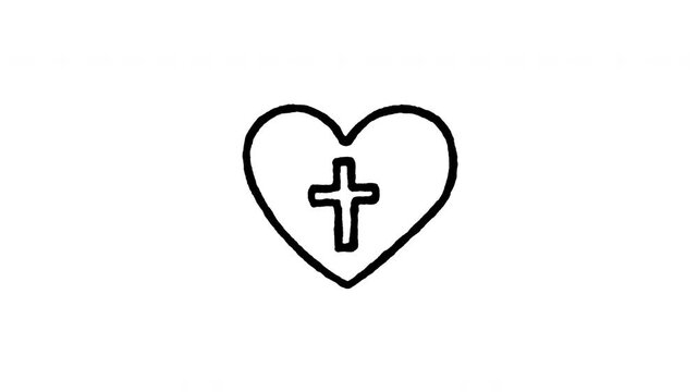 Animated doodle icon of a Christian holy cross inside a loving heart shape.