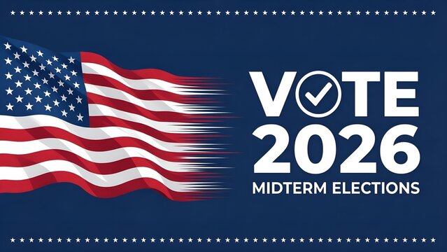 American flag waving proudly next to vote twenty twenty six midterm elections text on deep blue background with white stars banner vector illustration graphic design