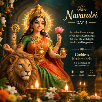 Divine Hindu goddess Kushmanda sitting majestically on a powerful lion during auspicious Navaratri day four celebrations