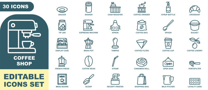 Coffee shop editable icon set featuring 30 outline symbols including espresso machine, grinder, mug, croissant, and tip jar in dark teal and white colors