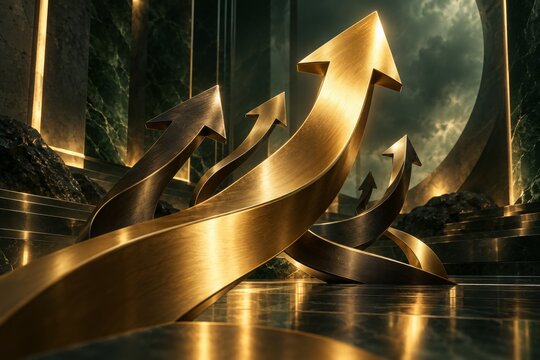 Golden Arrows Rising Through Dark Forest