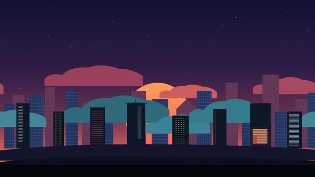 Animated Flat Vector City Skyline with Drifting Clouds and Setting Sun at Twilight