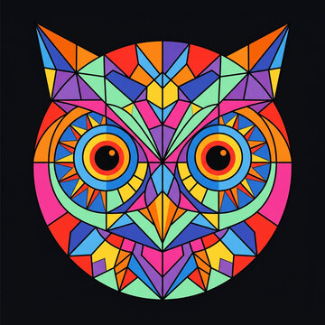 Colorful Geometric Polygon Owl Head Mosaic on Black