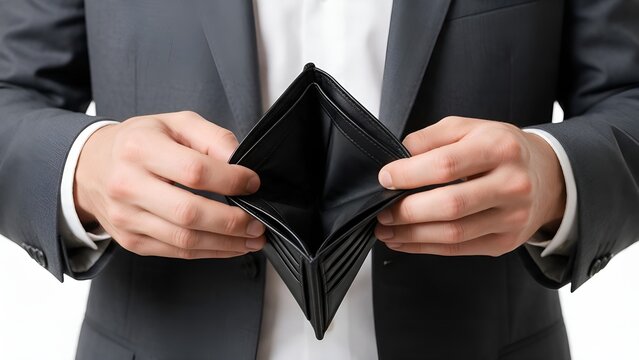 Close up of businessman in formal suit holding empty black leather wallet showing no money and financial crisis indoors