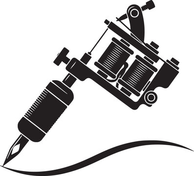 Black and white of a traditional tattoo machine with dual coils, needle, grip, and a curved line underneath also transparent background