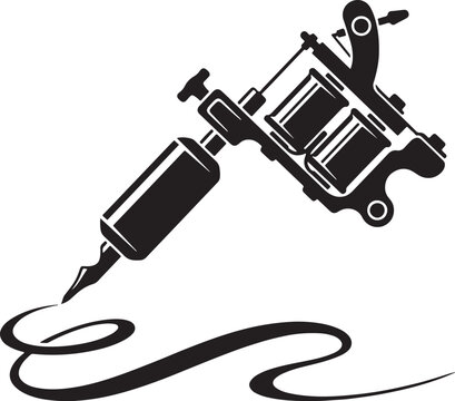 Black and white of a traditional coil tattoo machine a curved ink line also transparent background, tattoo gun