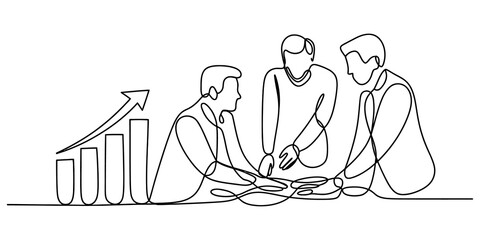 Business team working together on a growth strategy with a rising chart drawn in a simple continuous single line art style isolated on transparent background, Vector © Coloring Pages Line 