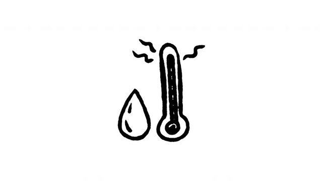 Animated doodle icon of a thermometer measuring rising ocean and water temperature levels.