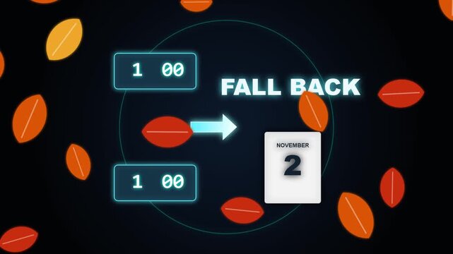 Daylight saving time fall back clock change and autumn leaves animation