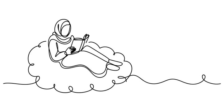 Continuous single line drawing of a woman wearing a hijab sitting on a cloud and reading a book isolated on white background isolated on transparent background, Vector