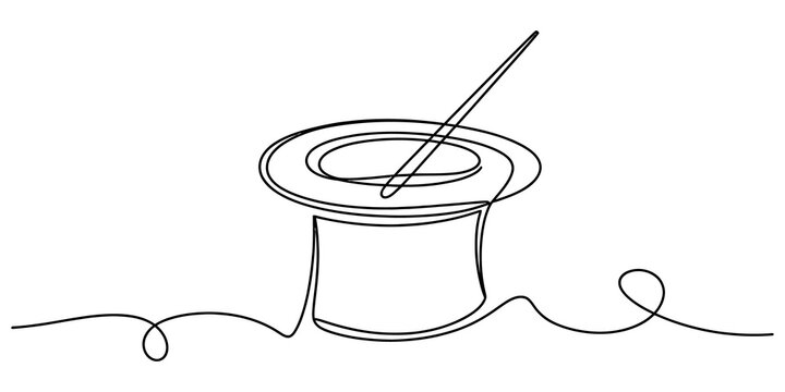 Continuous one line drawing of a magic hat and a wand illustration isolated on a white background isolated on transparent background, Vector