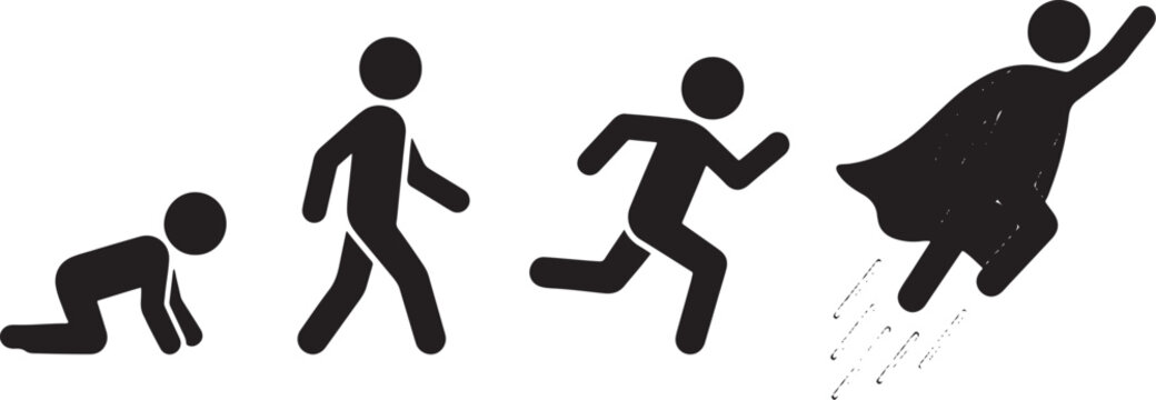 Black silhouette showing human development stages from crawling baby and walking man to running and flying superhero also transparent background