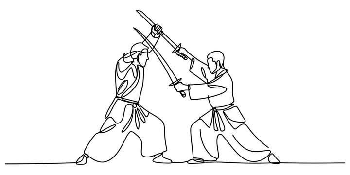 Two martial artists holding swords in a fighting stance isolated line art illustration isolated on transparent background, Vector