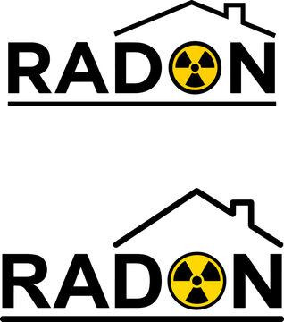 Black and yellow radon gas testing and mitigation company featuring house outlines and radiation symbols also transparent background