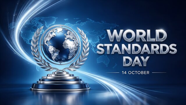 World standards day celebration poster featuring metallic globe sculpture with laurel wreath and typography on dark blue background with glowing light streaks and world map illustration